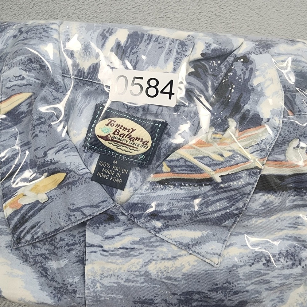 Vintage Tommy Bahama Shirt Mens M Blue Hawaiian Surfing Waves Canoe Rayon Aloha - Picture 13 of 13